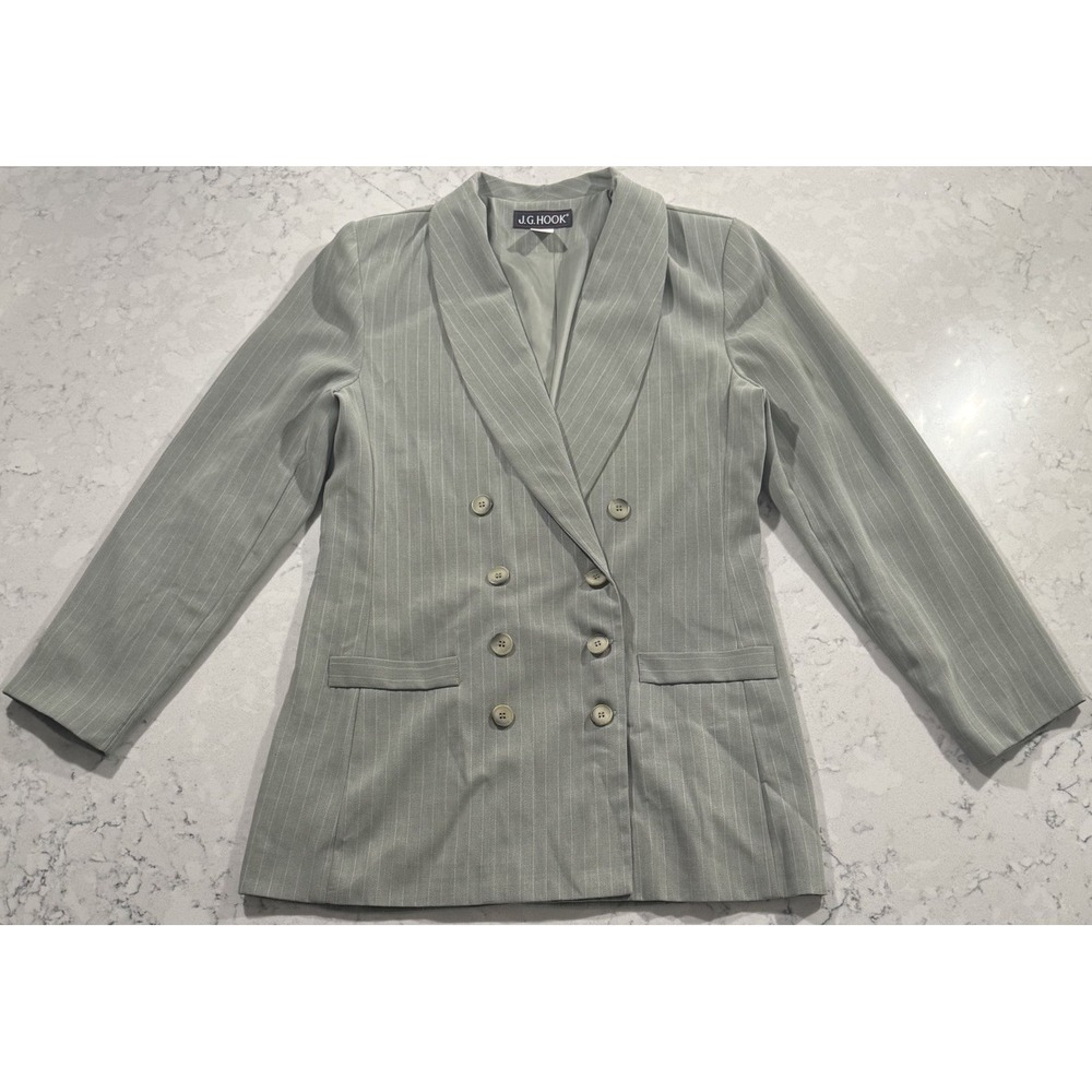 VTG 80s JG Hook Pinstripe Blazer Jacket Women 12L Green Double Breasted Made USA